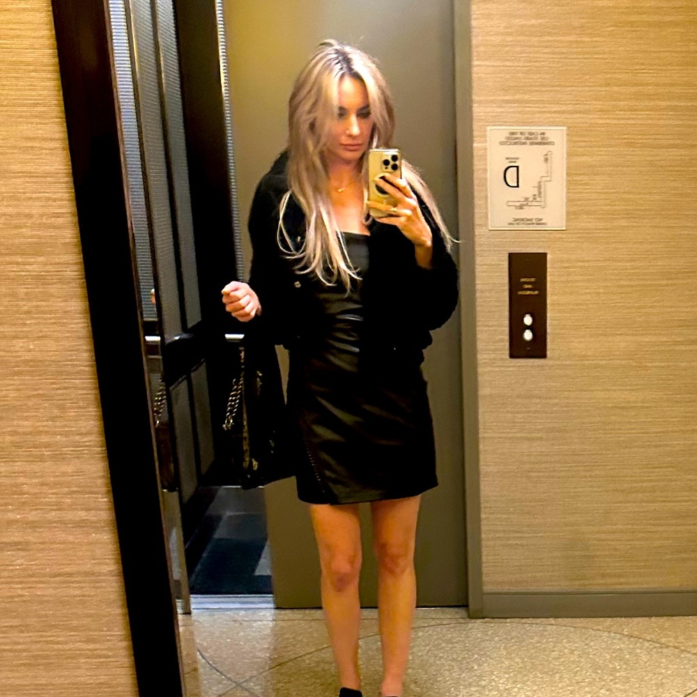 Strapless leather-y kind of dress with Chanel-y chain detail